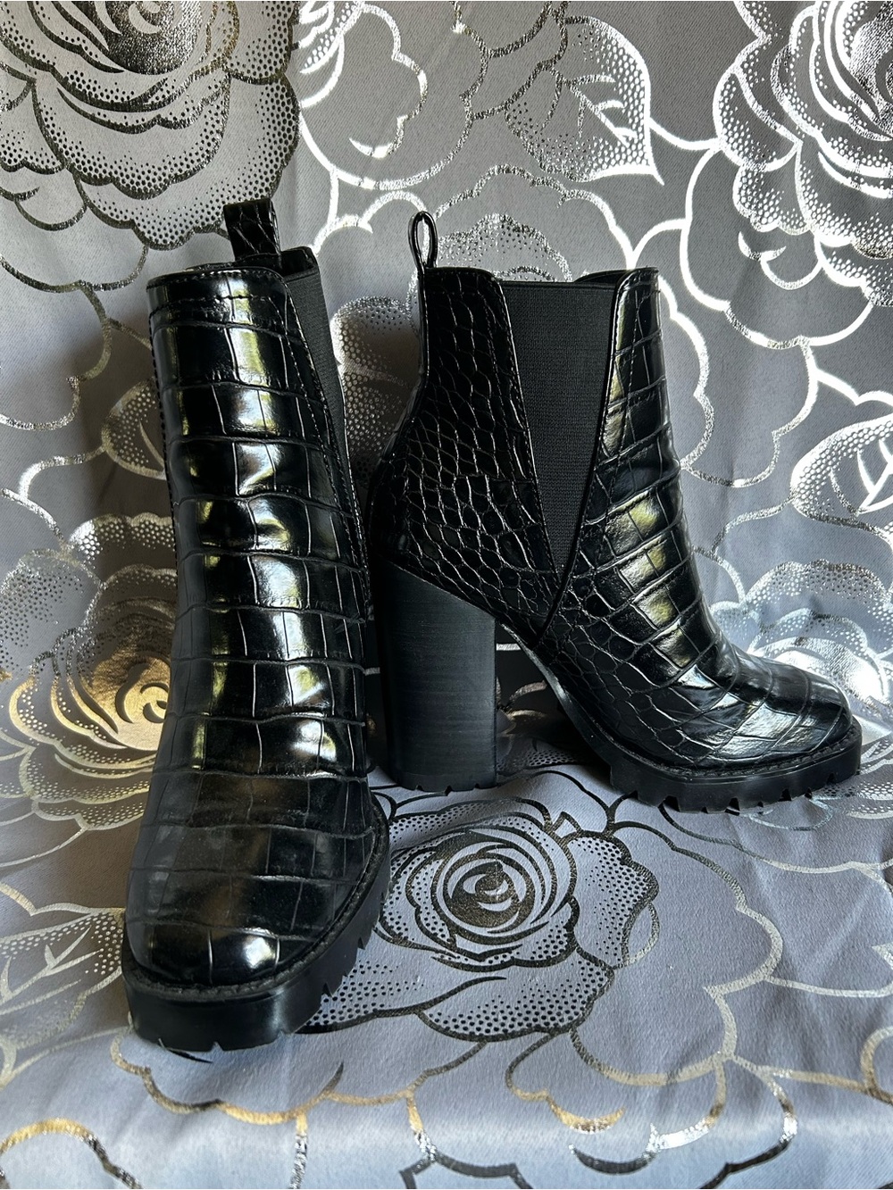 Steve Madden Black Croc-Embossed Platform Booties